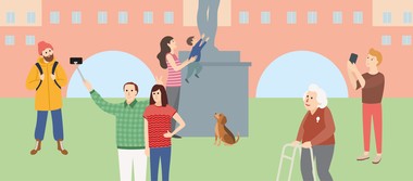 Das Bild zeigt eine Illustration eines roten Gebäudes vor dem mehrere Menschen unterschiedlichen Alters auf einer Grünen Wiese stehen.  