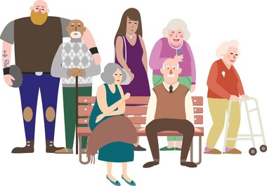 Illustration mehrere Senior*innen, die um eine Parkbank versammelt sind