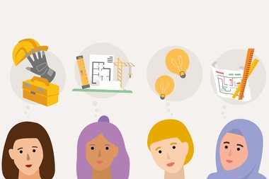 Eine Illustration von den Köpfen vier junger Frauen, die alle unterschiedlich aussehen. Über ihren Köpfen sind Sprechblasen mit Symbolen für technische Berufe.