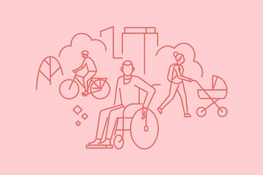 Illustration von Menschen. Eine Person am Rad, eine Person im Rollstuhl, eine Frau mit Kinderwagen.
