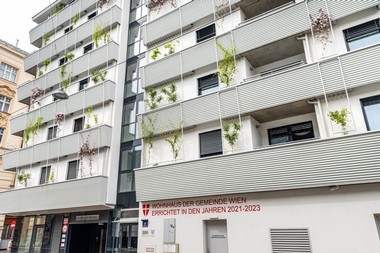 Ansicht des Gemeindebaus in der Preßgasse 2/Schäffergasse 10-12 im vierten Bezirk. Es gibt 7 Stockwerke mit begrünter Fassade.