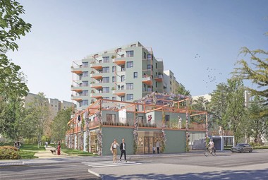 Das Bild zeigt das Rendering eines Wohnhauses mit einer grauen Fassade und orangenen Balkonen an einer Straße