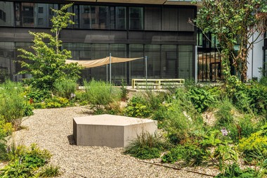 Begrünter Innenhof mit Sitzmöglichkeiten und Sonnensegel
