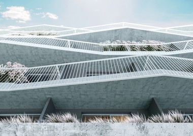 Ansicht von unten auf die Stockwerke mit den einzelnen Balkonen