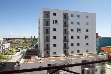 Foto des Gemeindebaus Berresgasse 5. Das Wohnhaus ist weiß und besteht aus einem Gebäude. Manche Wohnungen besitzen über einen Balkon.