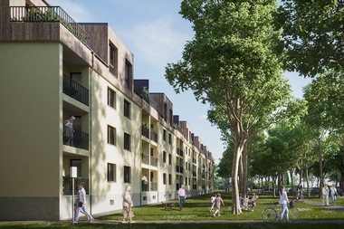 Ein Rendering vom Gemeindebau in der Gregorygasse. Rundherum sieht man Bäume und Häuser.