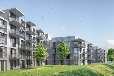 Darstellung des zukünftigen neuen Gemeindebaus mit drei Wohnhäusern nebeneinander. Auffallend sind die vielen Balkone und Terrassen der Wohnungen. Die drei Gebäude sind von einer grüner Wiese und einzelnen Bäumen umgeben.