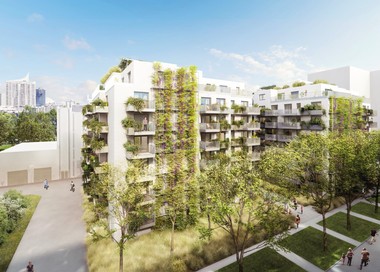 Darstellung des zukünftigen Gemeindebaus mit begrünten Fassaden und grünen Innenhof