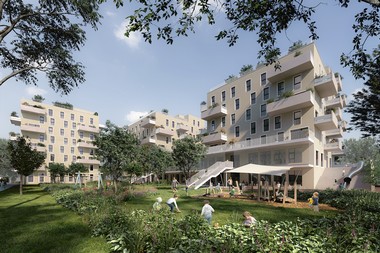 Darstellung des zukünftigen Gemeindebaus in der Bernoullistraße 2 mit grünem Innenhof
