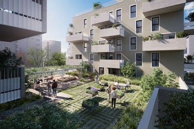 Darstellung des zukünftigen Gemeindebaus mit Innenhof und Urban Gardening