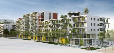 Das Bild zeigt eine Animation der neuen Gemeindewohnungen mit einer weißen Fassade, die lebendig begrünt ist. 