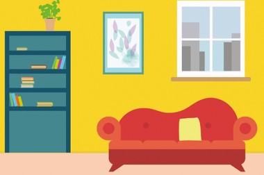 Das Bild zeigt eine Illustration eines Wohnzimmers mit einer gelben Wand, einem roten Sofa und einem blauen Bücherregal.