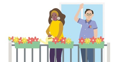 Das Bild zeigt eine Illustration einer Frau in einem gelben T-Shirt, die auf einer Terrasse Blumen gießt und einen Mann in einem blauen Hemd, der winkt. 