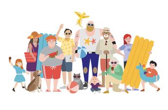 Illustration einer Gruppe an Erwachsenen und Kindern die sommerlich gekleidet sind