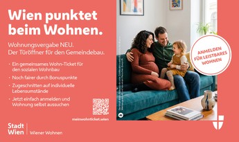 Ein Sujet mit einer Familie und links steht "Wien punktet beim Wohnen".