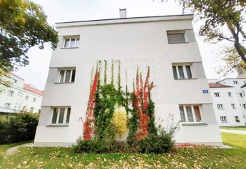 Abbildung eines mehrstöckiges Gemeindebaus, dessen Fassade zwischen den Fenstern mit grünen, gelben und roten Kletterpflanzen bedeckt ist