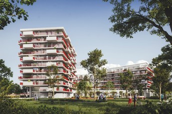 Darstellung der Außenansicht des neuen Gemeindebaus Donaustadtstraße 35A. Der zehnstöckige Gemeindebau ist von Bäumen und Wiesenflächen umgeben.