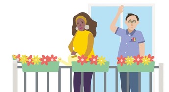 Das Bild zeigt eine Illustration einer Frau in einem gelben T-Shirt, die auf einer Terrasse Blumen gießt und einen Mann in einem blauen Hemd, der winkt. 