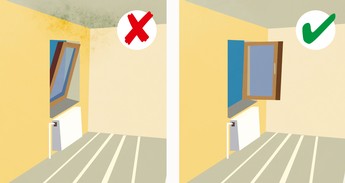 Illustration eines Duschraums im Vergleich, um zu zeigen, wie man richtig lüftet. Links: Ein gekipptes Fenster. Ein rotes X symbolisiert, dass dies nicht die ideale Handhabung ist. Rechts: Ein vollständig geöffnetes Fenster zum Stoßlüften. Ein grünes Häkchen zeigt, dass dies die richtige Handhabung ist.