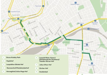Illustrierter Plan des Stadtwanderwegs 11. Er beginnt bei der U-Bahn Station Margaretengürtel und endet am Reumannplatz