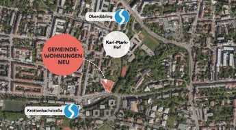 Lageplan der Gemeindewohnungen NEU in der Leidesdorfgasse 1. Es wird angezeigt, dass sich die neuen Gemeindewohnungen zwischen den S-Bahn Stationen Krottenbachstraße und Oberdöbling befinden werden. In der Nähe ist auch der Karl-Mark-Hof zu sehen.