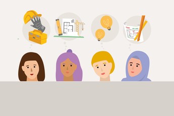 Eine Illustration. Man sieht die Köpfe von vier jungen Frauen, unterschiedliche Hautfarbe, eine mit Kopftuch. Ober ihren Köpfen sind Gedankenblasen, mit Symbolen für technische Berufe.