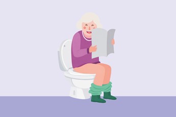 Eine Illustration einer alten Dame, die mit einer Zeitung am WC sitzt.