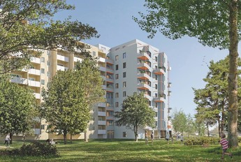 Darstellung des neuen Gemeindebaus Hoefftgasse 8 umgeben von Grünraum