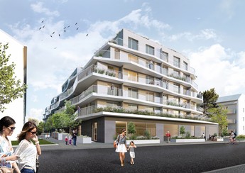 Darstellung der Außenansicht des neuen Gemeindebaus Opitzgasse 29A. Auffallend ist, dass jede Wohnung einen eigenen Balkon hat.