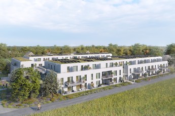 Darstellung der Außenansicht des neuen Gemeindebaus Brockhausengasse 52-54 aus der Vogelperspektive. Der Hof ist von vielen Bäumen und Wiesenflächen umgeben.