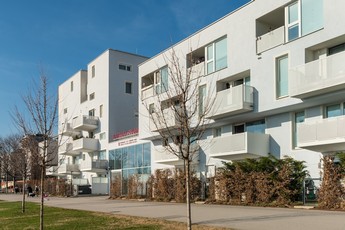 Aufnahme des Barbara-Prammer-Hofs. Abgebildet ist die weiße Außenfassade inklusive einiger Balkone, wie auch ein Gehweg und eine Grünfläche vor dem Gebäude.