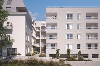 Darstellung des zukünftigen Gemeindebaus in der Stumpergasse 56. Das weiße Gebäude ist von Bäumen und einem Blumenbeet umgeben.