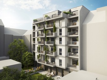 Bild des zukünftigen Gemeindebaus. Dieser ist weiß und jede Wohnung verfügt über einen begrünten Balkon.