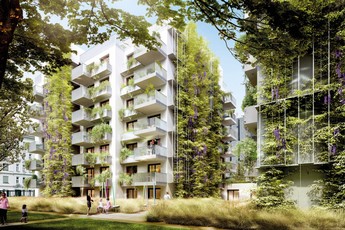 Darstellung des zukünftigen Gemeindebaus in der Welihstraße 161 A mit modernen, begrünten Fassaden.